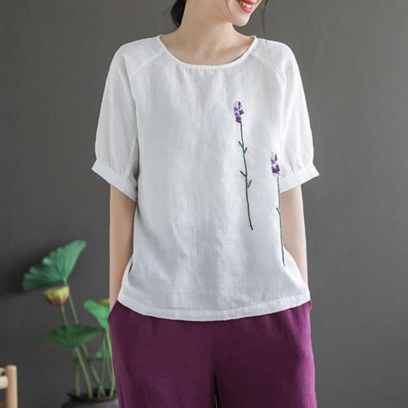 Buddha Stonesサマー ヴィンテージ 刺繍 花柄 レディース クルーネックデザイン コットンリネン Tシャツ - image 15