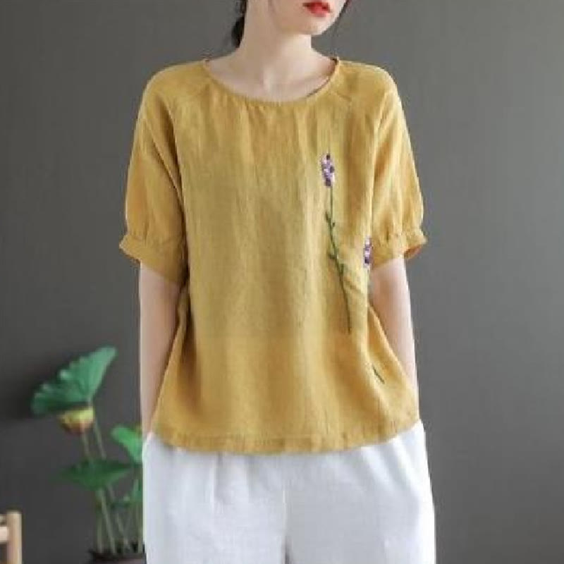 Buddha Stonesサマー ヴィンテージ 刺繍 花柄 レディース クルーネックデザイン コットンリネン Tシャツ - カーキ - US8-10，UK/AU12-14，EU40-42 (2XL) - image 6