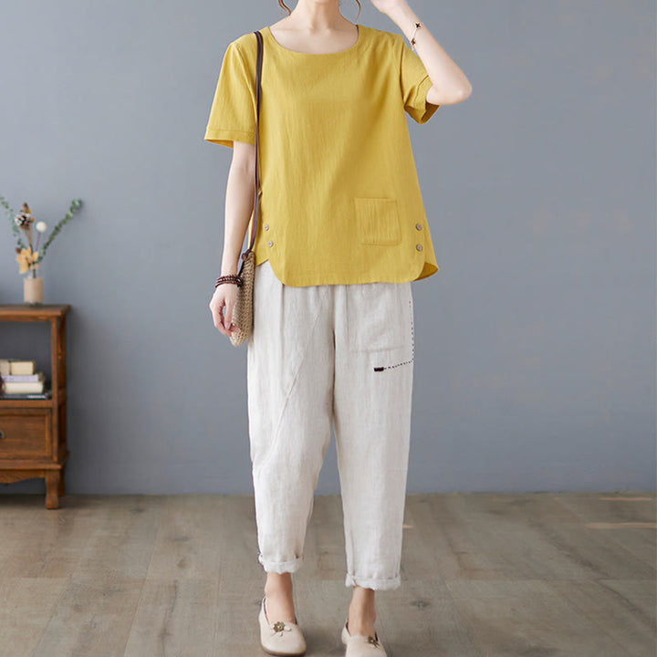 Buddha Stonesサイドスリットデザイン レディース コットンリネン クルーネック 半袖 Tシャツ ポケット付き - image 7