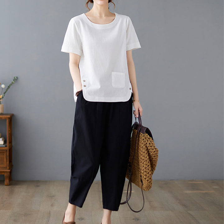 Buddha Stonesサイドスリットデザイン レディース コットンポリエステル クルーネック 半袖Tシャツ ポケット付き - image 17