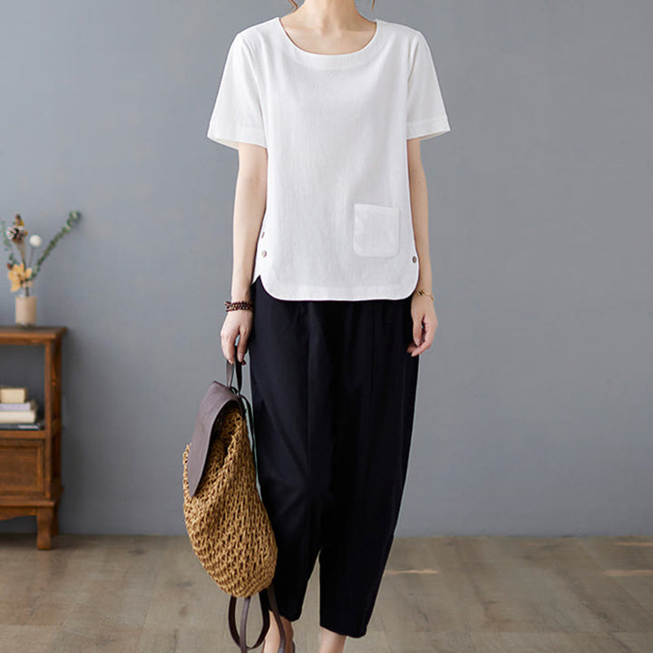 Buddha Stonesサイドスリットデザイン レディース コットンリネン クルーネック 半袖 Tシャツ ポケット付き - image 17