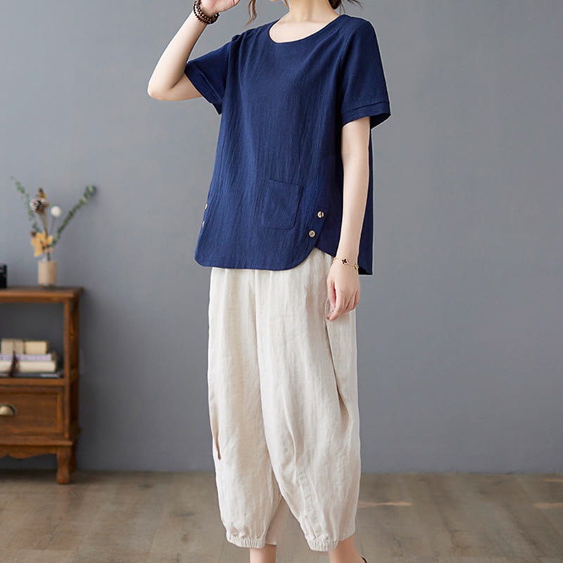 Buddha Stonesサイドスリットデザイン レディース コットンリネン クルーネック 半袖 Tシャツ ポケット付き - image 25