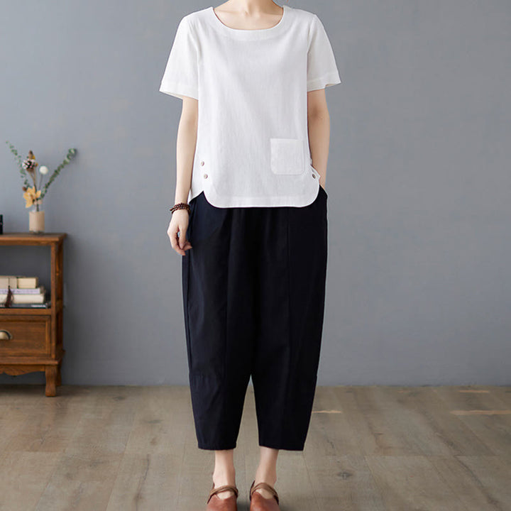 Buddha Stonesサイドスリットデザイン レディース コットンリネン クルーネック 半袖 Tシャツ ポケット付き - image 16