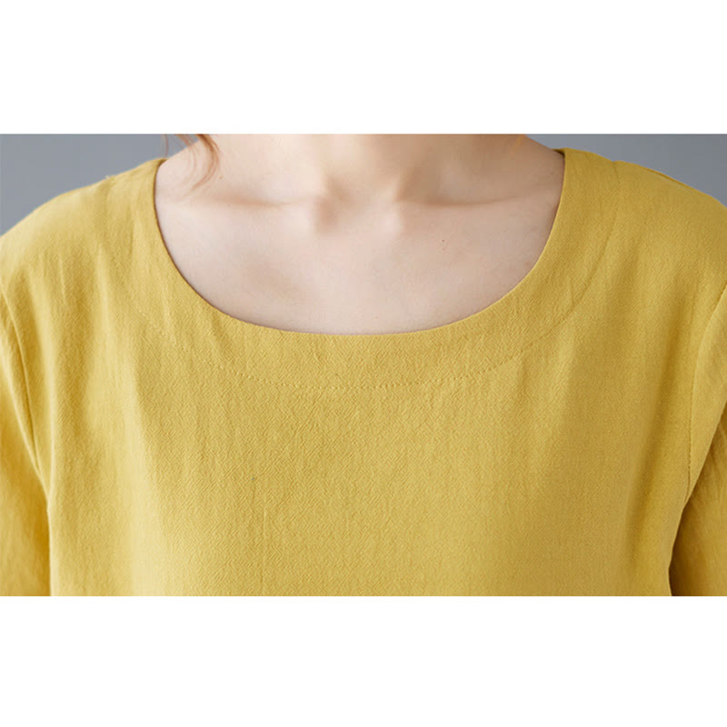 Buddha Stonesサイドスリットデザイン レディース コットンリネン クルーネック 半袖 Tシャツ ポケット付き - image 8