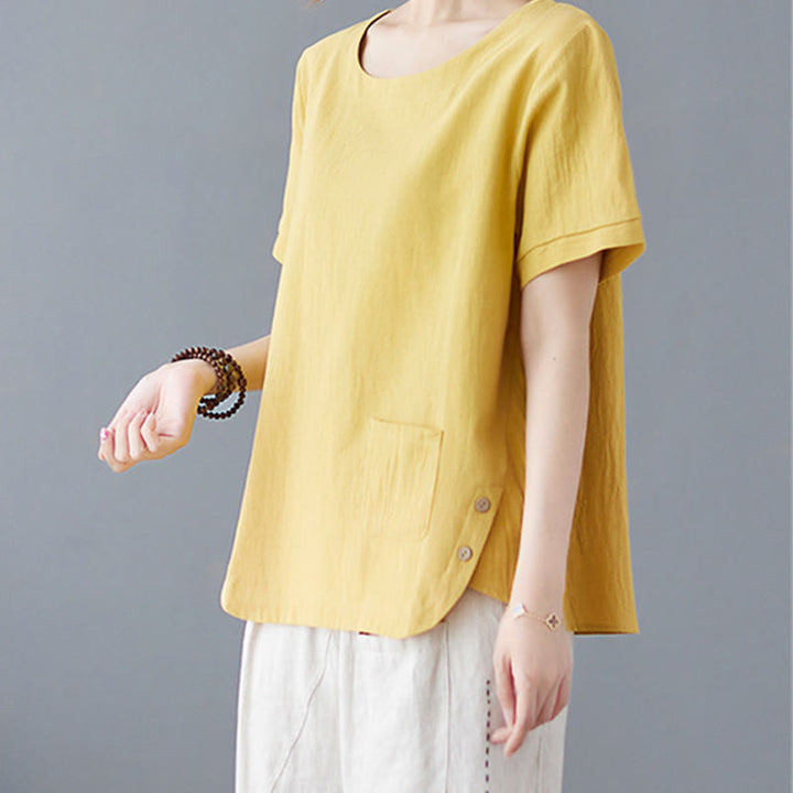 Buddha Stonesサイドスリットデザイン レディース コットンリネン クルーネック 半袖 Tシャツ ポケット付き - image 2