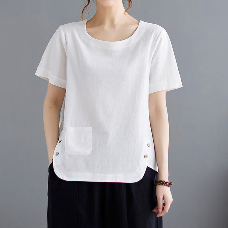 Buddha Stonesサイドスリットデザイン レディース コットンリネン クルーネック 半袖 Tシャツ ポケット付き - image 15