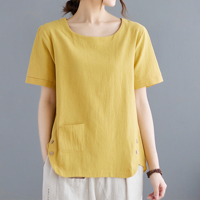 Buddha Stonesサイドスリットデザイン レディース コットンリネン クルーネック 半袖 Tシャツ ポケット付き - image 3