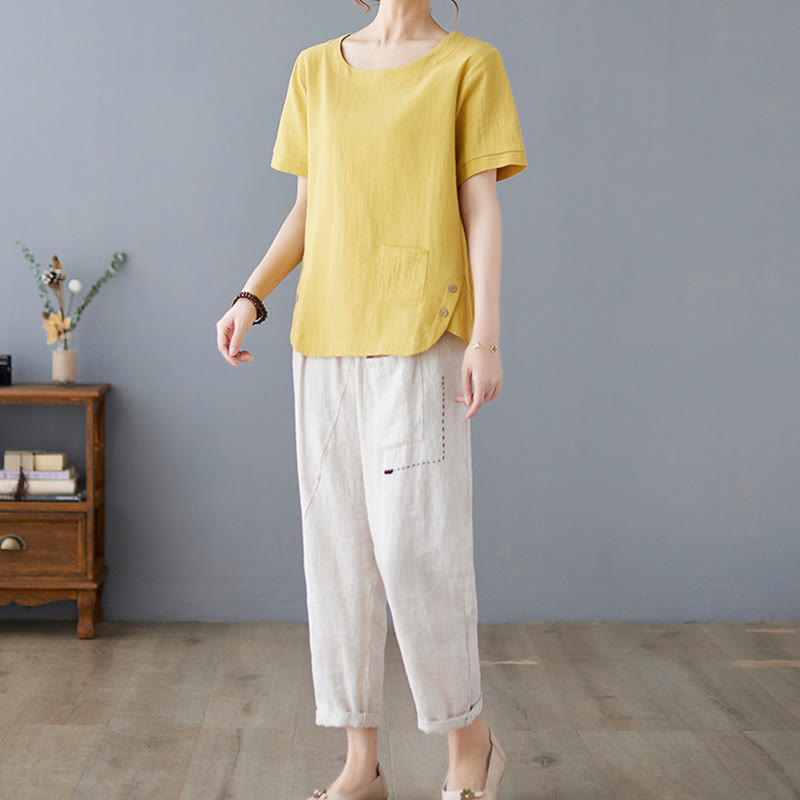 Buddha Stonesサイドスリットデザイン レディース コットンリネン クルーネック 半袖 Tシャツ ポケット付き - image 5