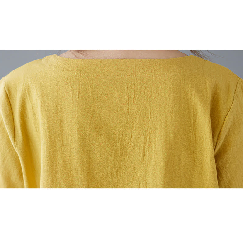 Buddha Stonesサイドスリットデザイン レディース コットンリネン クルーネック 半袖 Tシャツ ポケット付き - image 9