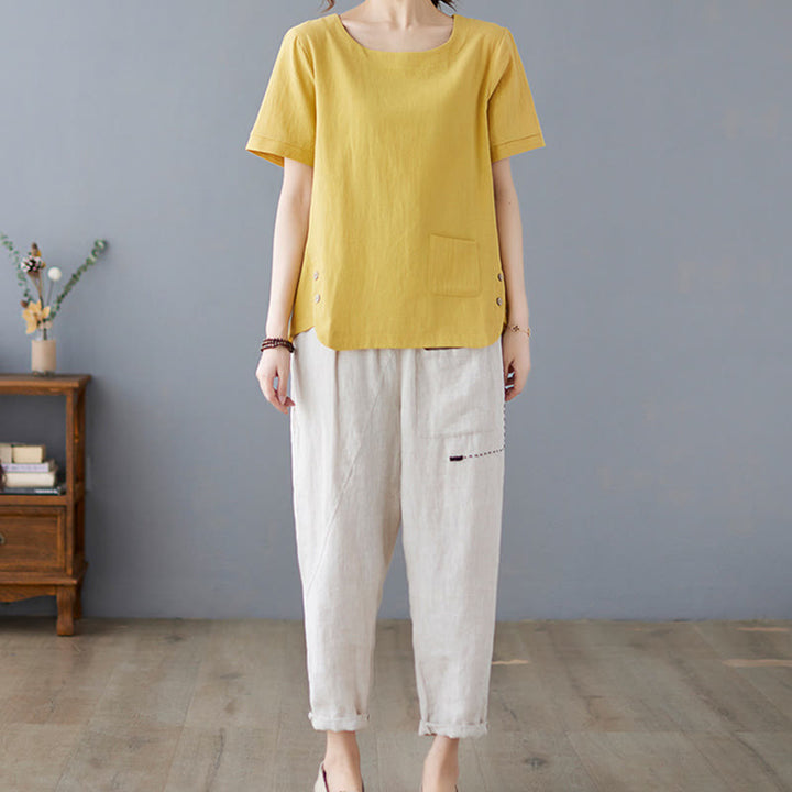 Buddha Stonesサイドスリットデザイン レディース コットンリネン クルーネック 半袖 Tシャツ ポケット付き - image 4