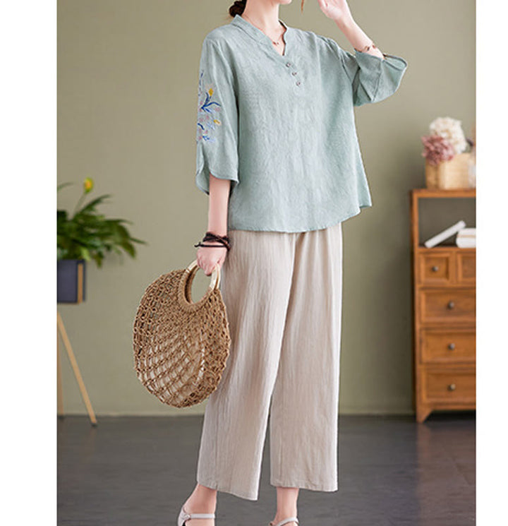 Buddha Stones夏 刺繍 花 七分袖 デザイン レディース コットン リネン ノッチカラー シャツ - image 11