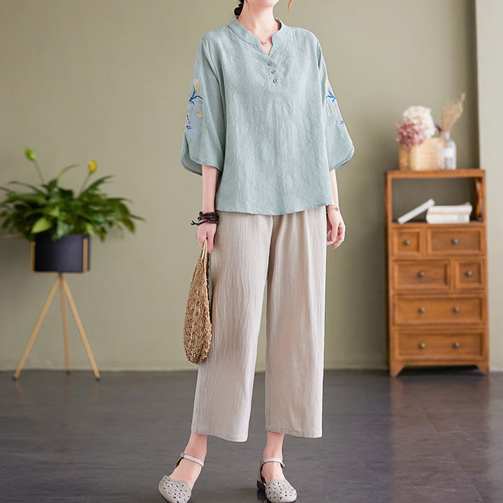 Buddha Stones夏 刺繍 花 七分袖 デザイン レディース コットン リネン ノッチカラー シャツ - image 8