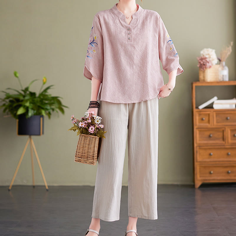 Buddha Stones夏 刺繍 花 七分袖 デザイン レディース コットン リネン ノッチカラー シャツ - image 4