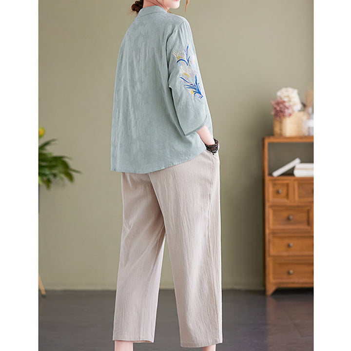 Buddha Stones夏 刺繍 花 七分袖 デザイン レディース コットン リネン ノッチカラー シャツ - image 10