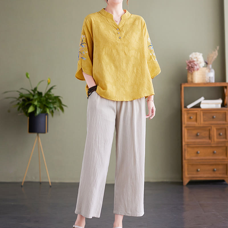 Buddha Stones夏 刺繍 花 七分袖 デザイン レディース コットン リネン ノッチカラー シャツ - image 15