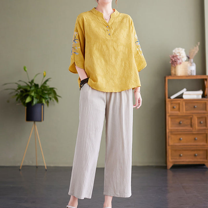 Buddha Stones夏 刺繍 花 七分袖 デザイン レディース コットン リネン ノッチカラー シャツ - image 15