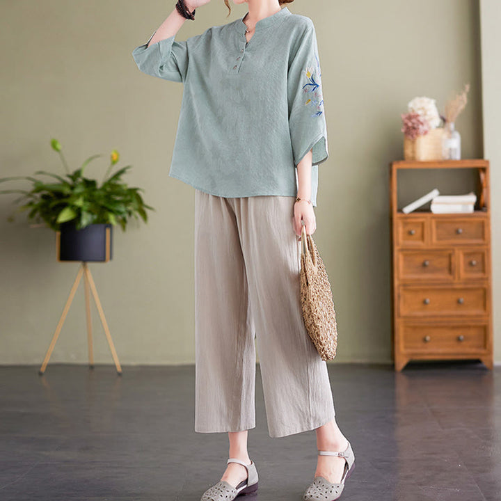 Buddha Stones夏 刺繍 花 七分袖 デザイン レディース コットン リネン ノッチカラー シャツ - image 9