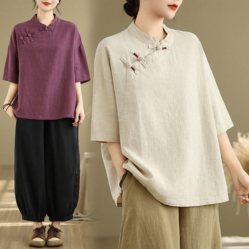 Buddha Stonesプレーンチャイニーズフロッグボタンスタンドカラーデザイン レディース コットンリネン ハーフスリーブシャツ - image 5