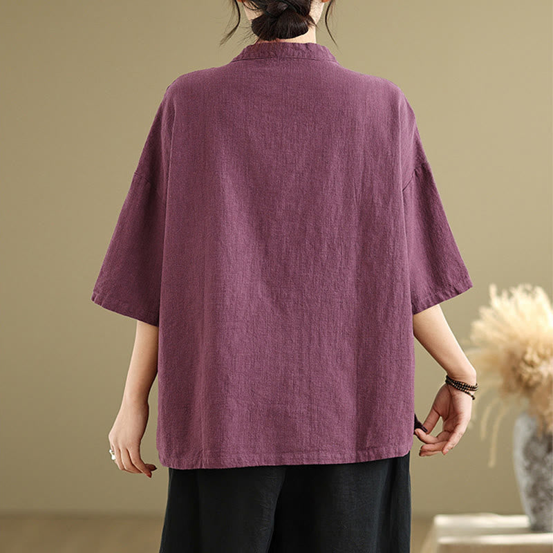 Buddha Stonesプレーンチャイニーズフロッグボタンスタンドカラーデザイン レディース コットンリネン ハーフスリーブシャツ - image 7