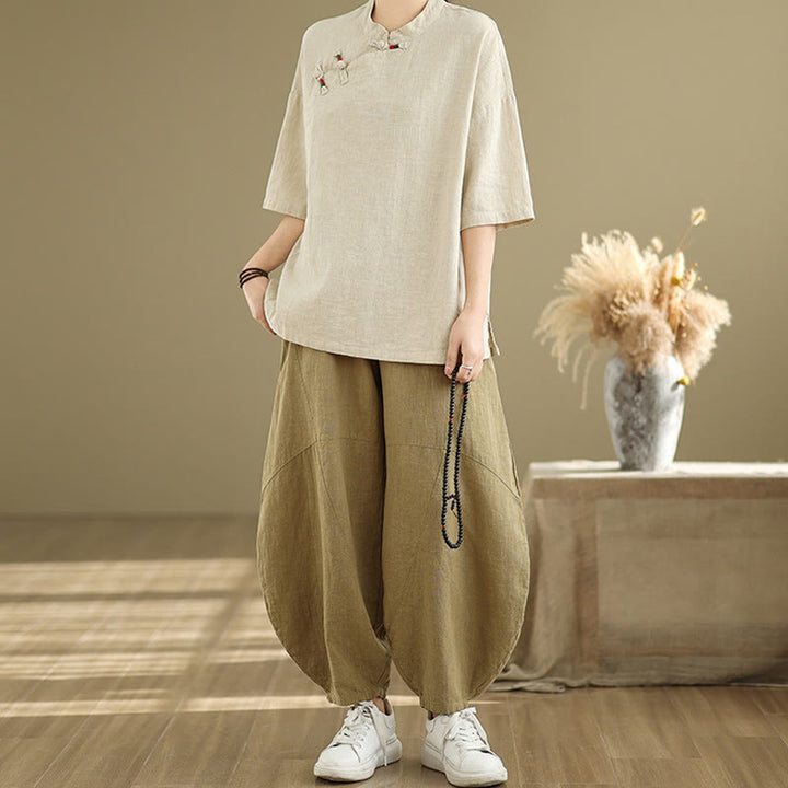 Buddha Stonesプレーンチャイニーズフロッグボタンスタンドカラーデザイン レディース コットンリネン ハーフスリーブシャツ - image 4