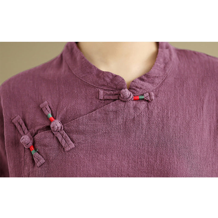 Buddha Stonesプレーンチャイニーズフロッグボタンスタンドカラーデザイン レディース コットンリネン ハーフスリーブシャツ - image 12