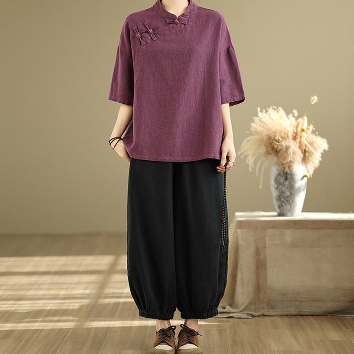 Buddha Stonesプレーンチャイニーズフロッグボタンスタンドカラーデザイン レディース コットンリネン ハーフスリーブシャツ - image 11