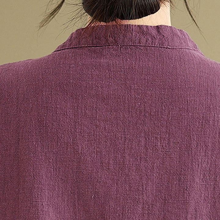 Buddha Stonesプレーンチャイニーズフロッグボタンスタンドカラーデザイン レディース コットンリネン ハーフスリーブシャツ - image 13