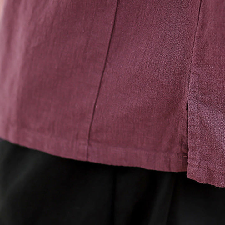 Buddha Stonesプレーンチャイニーズフロッグボタンスタンドカラーデザイン レディース コットンリネン ハーフスリーブシャツ - image 16