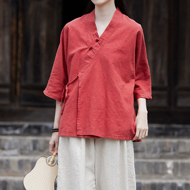 Buddha Stonesヴィンテージ 禅 ピュアカラー レースアップ サイドパッチワークデザイン レディース コットンリネン ハーフスリーブ シャツ カーディガン - image 18