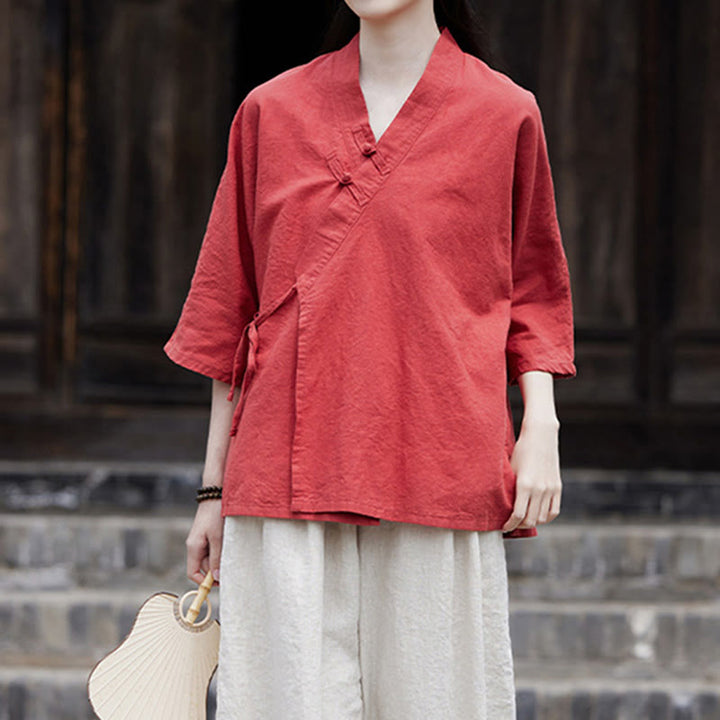 Buddha Stonesヴィンテージ 禅 ピュアカラー レースアップ サイドパッチワークデザイン レディース コットンリネン ハーフスリーブ シャツ カーディガン - image 18