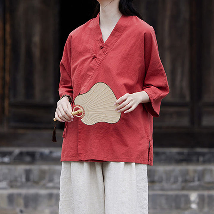 Buddha Stonesヴィンテージ 禅 ピュアカラー レースアップ サイドパッチワークデザイン レディース コットンリネン ハーフスリーブ シャツ カーディガン - image 21