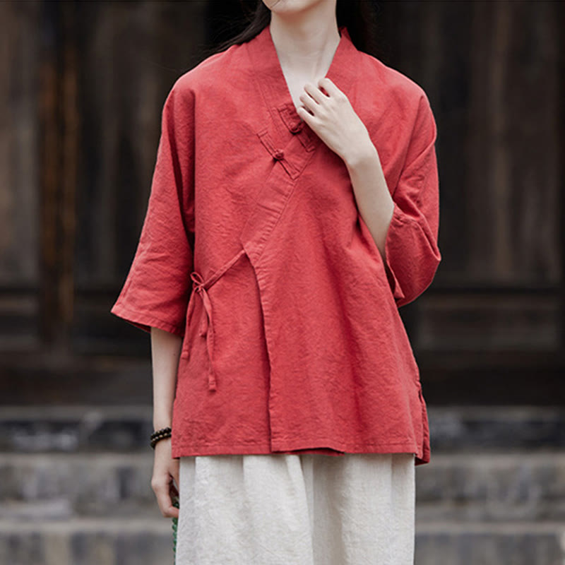 Buddha Stonesヴィンテージ 禅 ピュアカラー レースアップ サイドパッチワークデザイン レディース コットンリネン ハーフスリーブ シャツ カーディガン - image 16