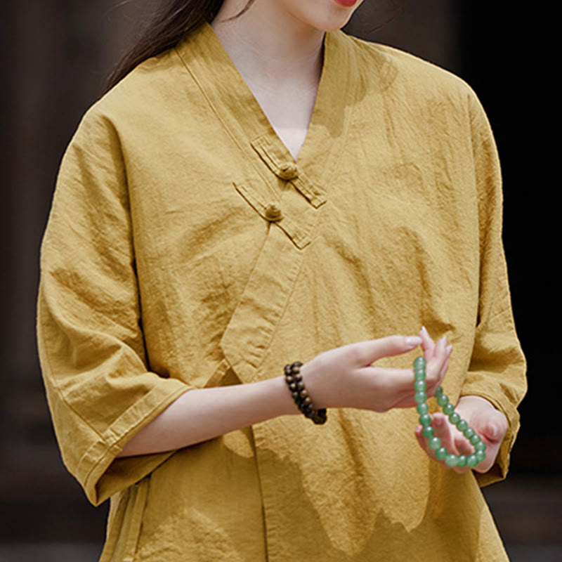 Buddha Stonesヴィンテージ 禅 ピュアカラー レースアップ サイドパッチワークデザイン レディース コットンリネン ハーフスリーブ シャツ カーディガン - image 6