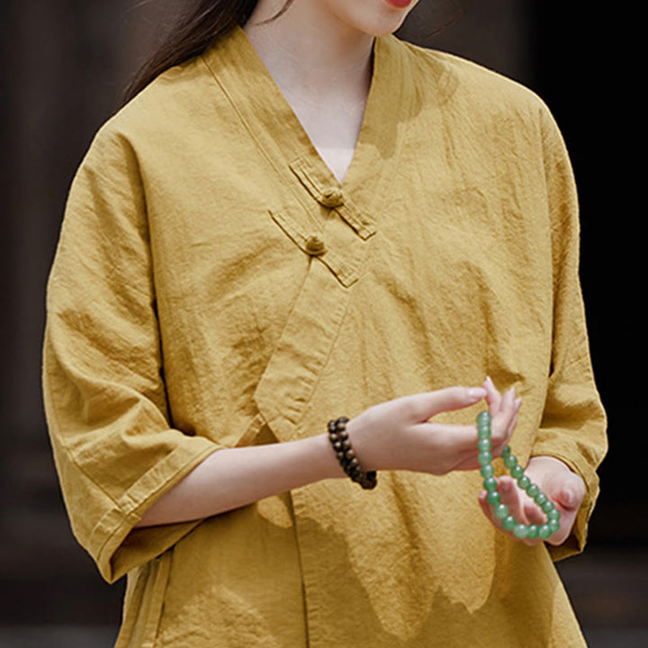 Buddha Stonesヴィンテージ 禅 ピュアカラー レースアップ サイドパッチワークデザイン レディース コットンリネン ハーフスリーブ シャツ カーディガン - image 6