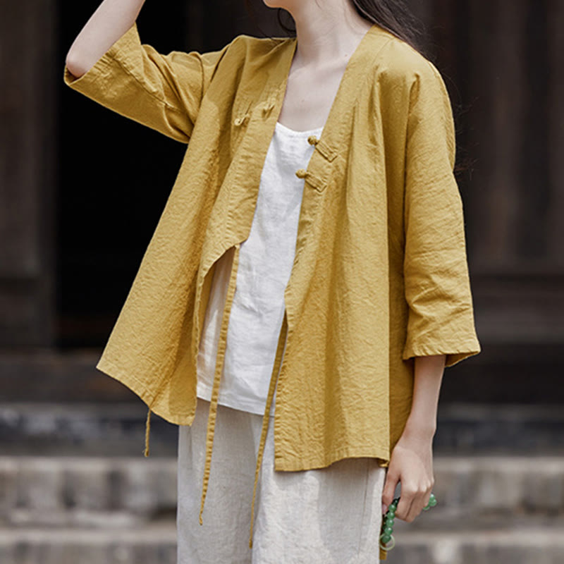 Buddha Stonesヴィンテージ 禅 ピュアカラー レースアップ サイドパッチワークデザイン レディース コットンリネン ハーフスリーブ シャツ カーディガン - image 5