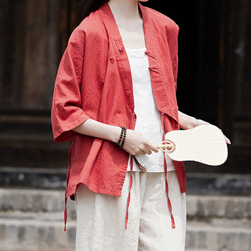 Buddha Stonesヴィンテージ 禅 ピュアカラー レースアップ サイドパッチワークデザイン レディース コットンリネン ハーフスリーブ シャツ カーディガン - image 23