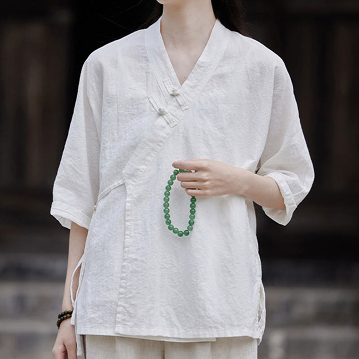 Buddha Stonesヴィンテージ 禅 ピュアカラー レースアップ サイドパッチワークデザイン レディース コットンリネン ハーフスリーブ シャツ カーディガン - image 14