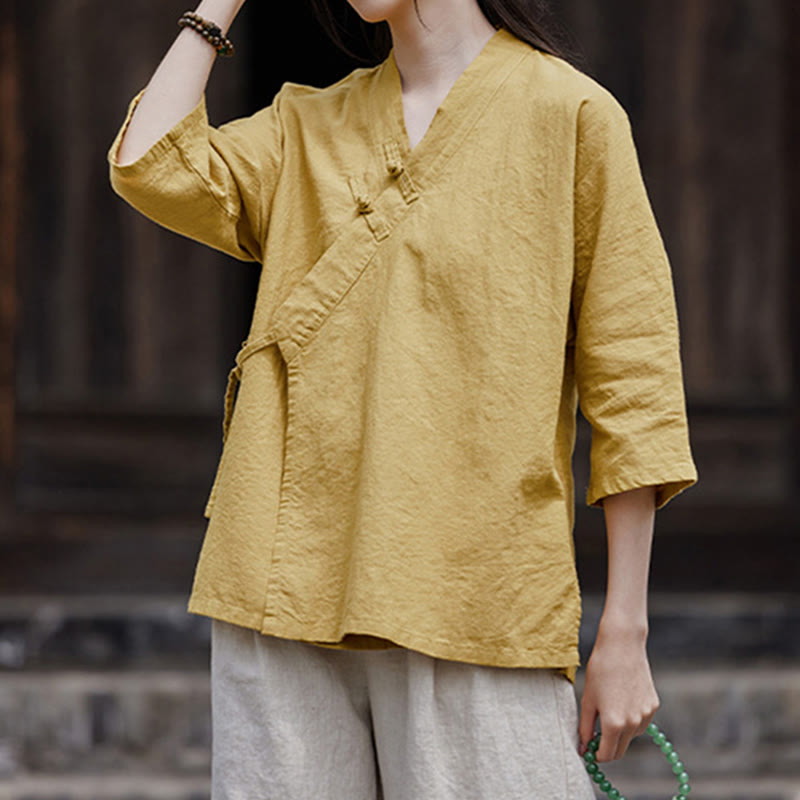 Buddha Stonesヴィンテージ 禅 ピュアカラー レースアップ サイドパッチワークデザイン レディース コットンリネン ハーフスリーブ シャツ カーディガン - カーキ - US8-10，UK/AU12-14，EU40-42 (2XL) - image 0