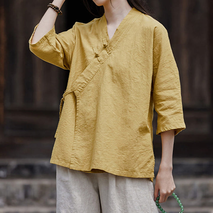 Buddha Stonesヴィンテージ 禅 ピュアカラー レースアップ サイドパッチワークデザイン レディース コットンリネン ハーフスリーブ シャツ カーディガン - カーキ - US8-10，UK/AU12-14，EU40-42 (2XL) - image 0