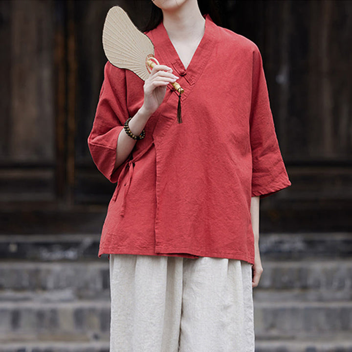 Buddha Stonesヴィンテージ 禅 ピュアカラー レースアップ サイドパッチワークデザイン レディース コットンリネン ハーフスリーブ シャツ カーディガン - image 19