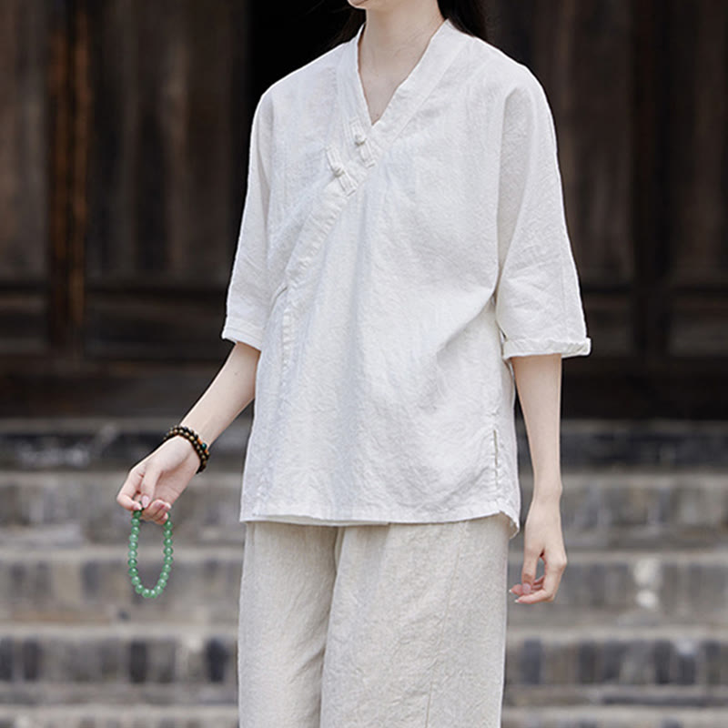 Buddha Stonesヴィンテージ 禅 ピュアカラー レースアップ サイドパッチワークデザイン レディース コットンリネン ハーフスリーブ シャツ カーディガン - image 10