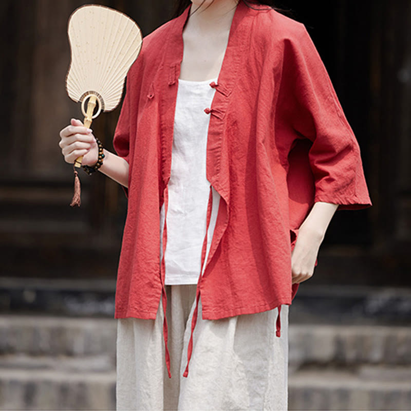 Buddha Stonesヴィンテージ 禅 ピュアカラー レースアップ サイドパッチワークデザイン レディース コットンリネン ハーフスリーブ シャツ カーディガン - image 22