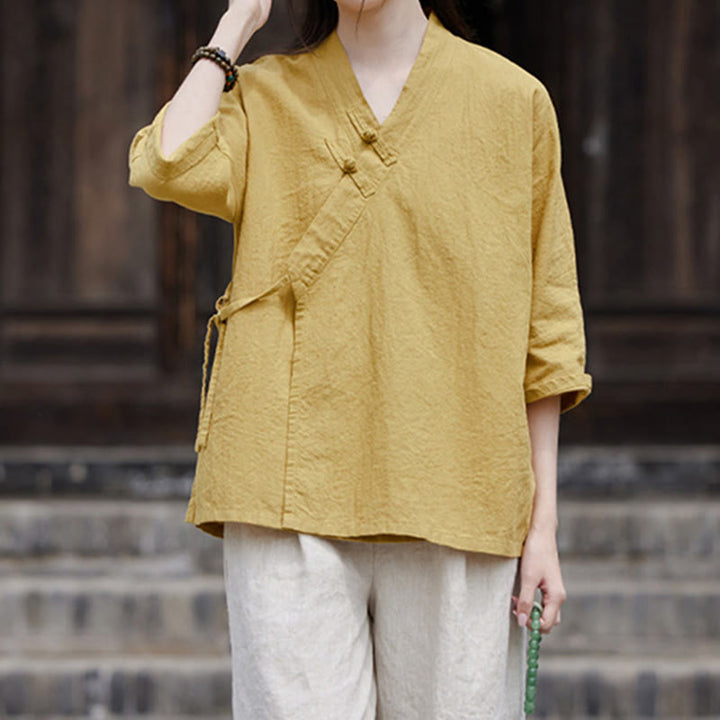 Buddha Stonesヴィンテージ 禅 ピュアカラー レースアップ サイドパッチワークデザイン レディース コットンリネン ハーフスリーブ シャツ カーディガン - image 3