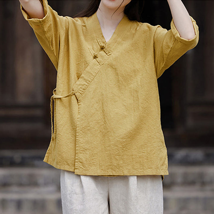 Buddha Stonesヴィンテージ 禅 ピュアカラー レースアップ サイドパッチワークデザイン レディース コットンリネン ハーフスリーブ シャツ カーディガン - image 1