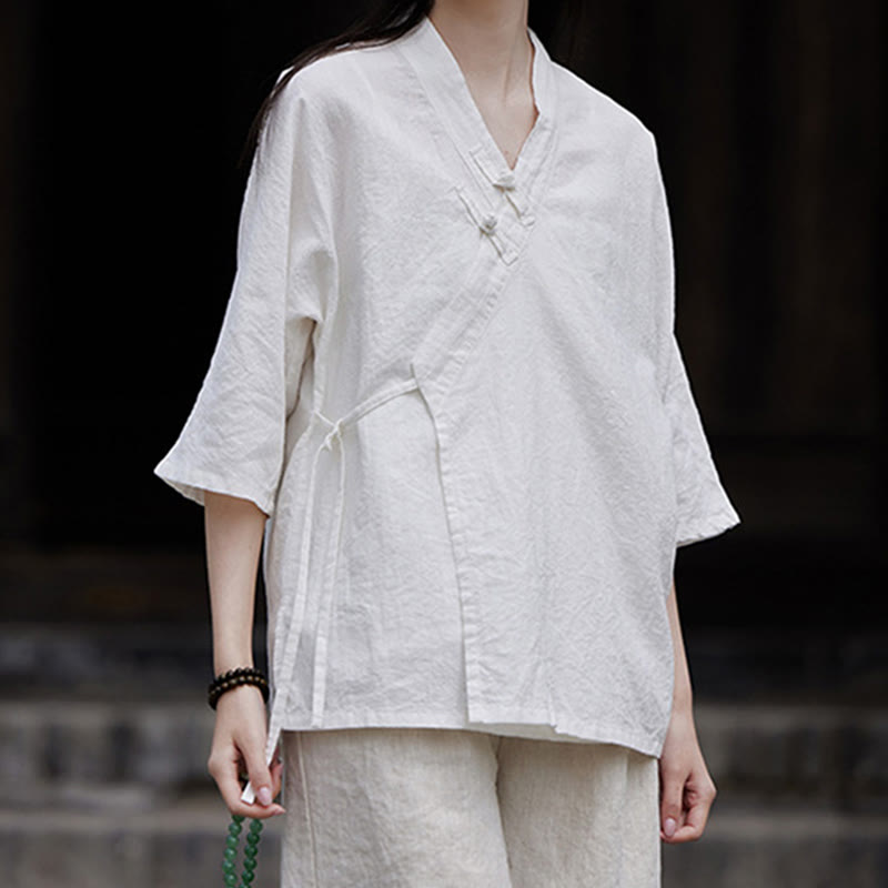 Buddha Stonesヴィンテージ 禅 ピュアカラー レースアップ サイドパッチワークデザイン レディース コットンリネン ハーフスリーブ シャツ カーディガン - image 8