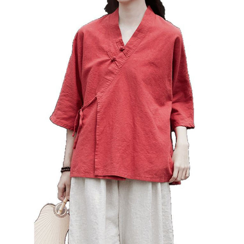 Buddha Stonesヴィンテージ 禅 ピュアカラー レースアップ サイドパッチワークデザイン レディース コットンリネン ハーフスリーブ シャツ カーディガン - オレンジレッド - US8-10，UK/AU12-14，EU40-42 (2XL) - image 15