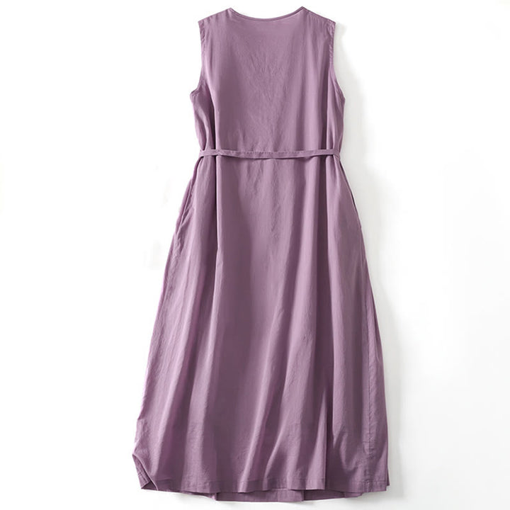 Buddha Stones無地アコーディオンデザイン ノースリーブ コットン ミディドレス ポケット付き - image 1