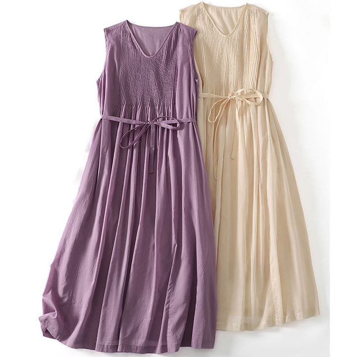 Buddha Stones無地アコーディオンデザイン ノースリーブ コットン ミディドレス ポケット付き - image 16