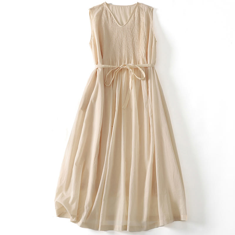 Buddha Stones無地アコーディオンデザイン ノースリーブ コットン ミディドレス ポケット付き - ライトゴールデンロッドイエロー - US8-10，UK/AU12-14，EU40-42 (2XL) - image 11