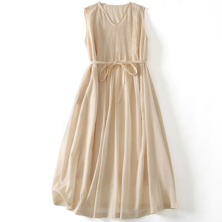 Buddha Stones無地アコーディオンデザイン ノースリーブ コットン ミディドレス ポケット付き - ライトゴールデンロッドイエロー - US8-10，UK/AU12-14，EU40-42 (2XL) - image 11